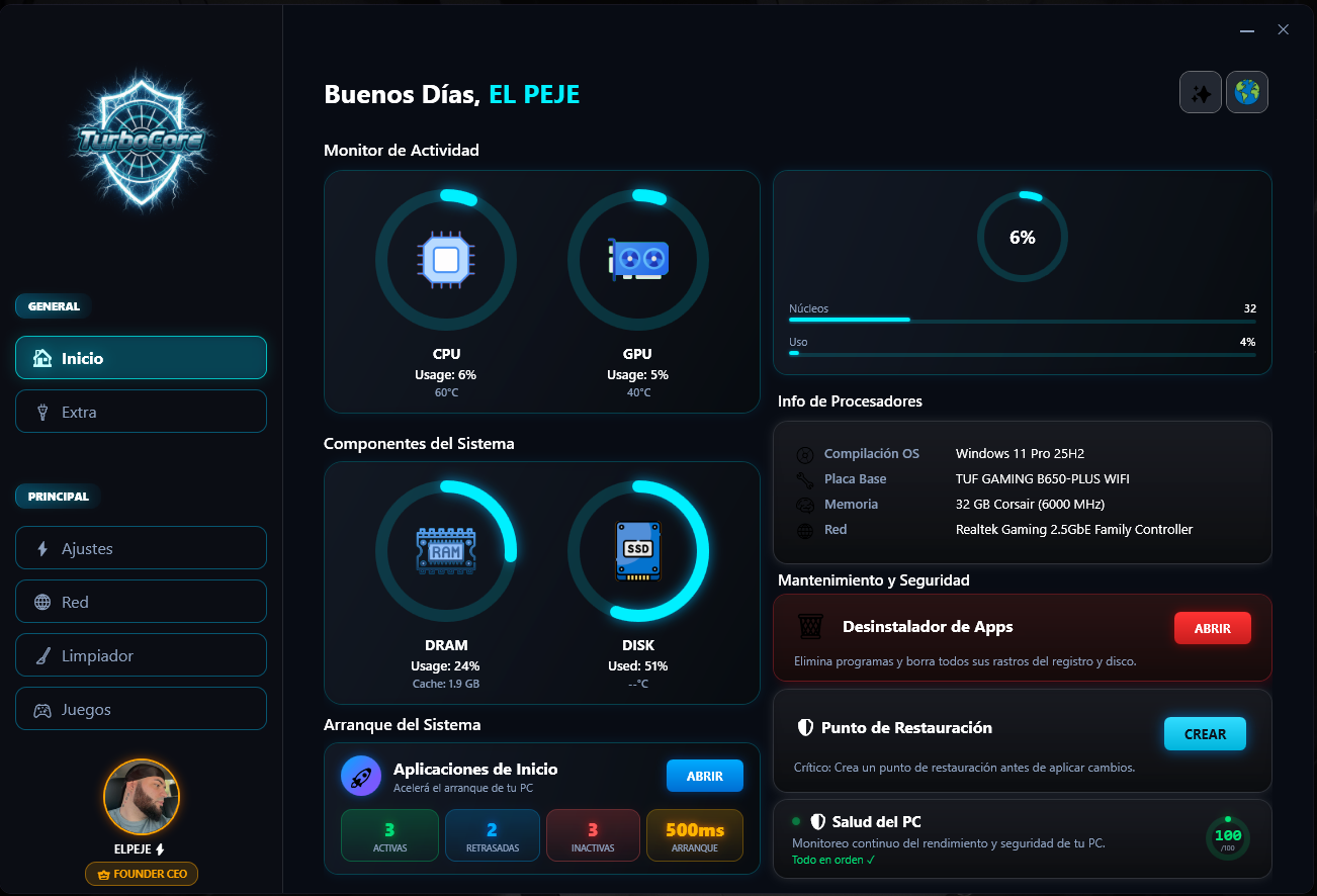 Panel de inicio de TurboCore optimizando una PC para gaming: monitor de CPU, GPU, RAM, disco y salud del PC
